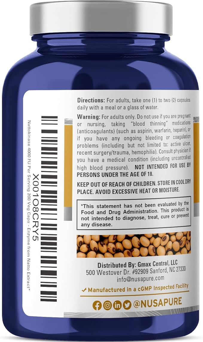 NusaPure Nattokinase 4000 FU 800mg, 200 Veggie Capsules (Vegan, Non-GMO)