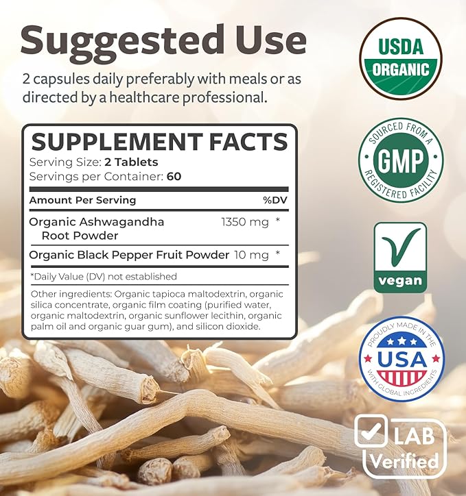USDA Organic Ashwagandha (120 Vegetarian Tablets) 1350mg Ashwaganda Root Powder Per Serve with Black Pepper - Natural Adrenal Support, Cortisol & Thyroid Support, Immune Support (No Pills or Capsules)