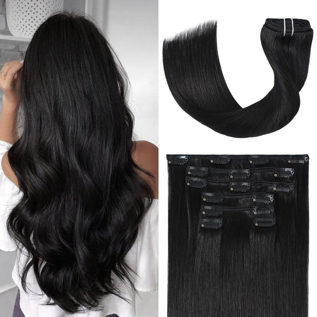 Ugotrays Black Hair Extensions Clip In Real Human Hair 70G 12 Inches 100% Remy Human Hair Natural Black Straight Double Weft For