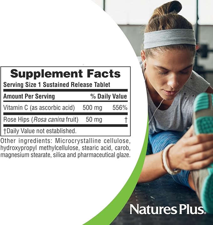 Natures Plus Vitamin C with Rose HIPS - 500 mg, 90 Vegetarian Tablets - Corn-Free, Gluten-Free - 90 Servings