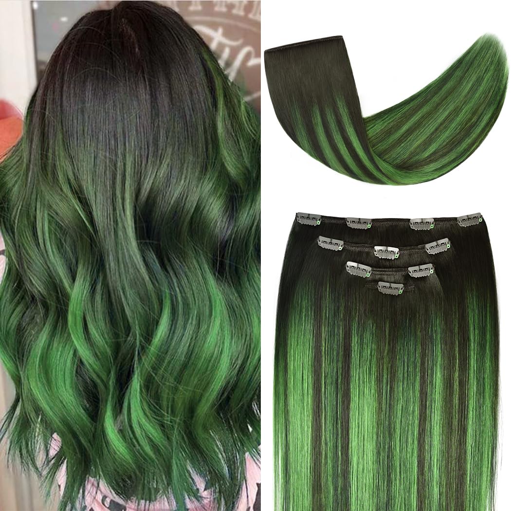 18'' Clip In Hair Extensions Remy Human Hair Teal Balayage For Women - Silky Straight 100% Real Human Hair 60Grams 4Pieces #(1B/