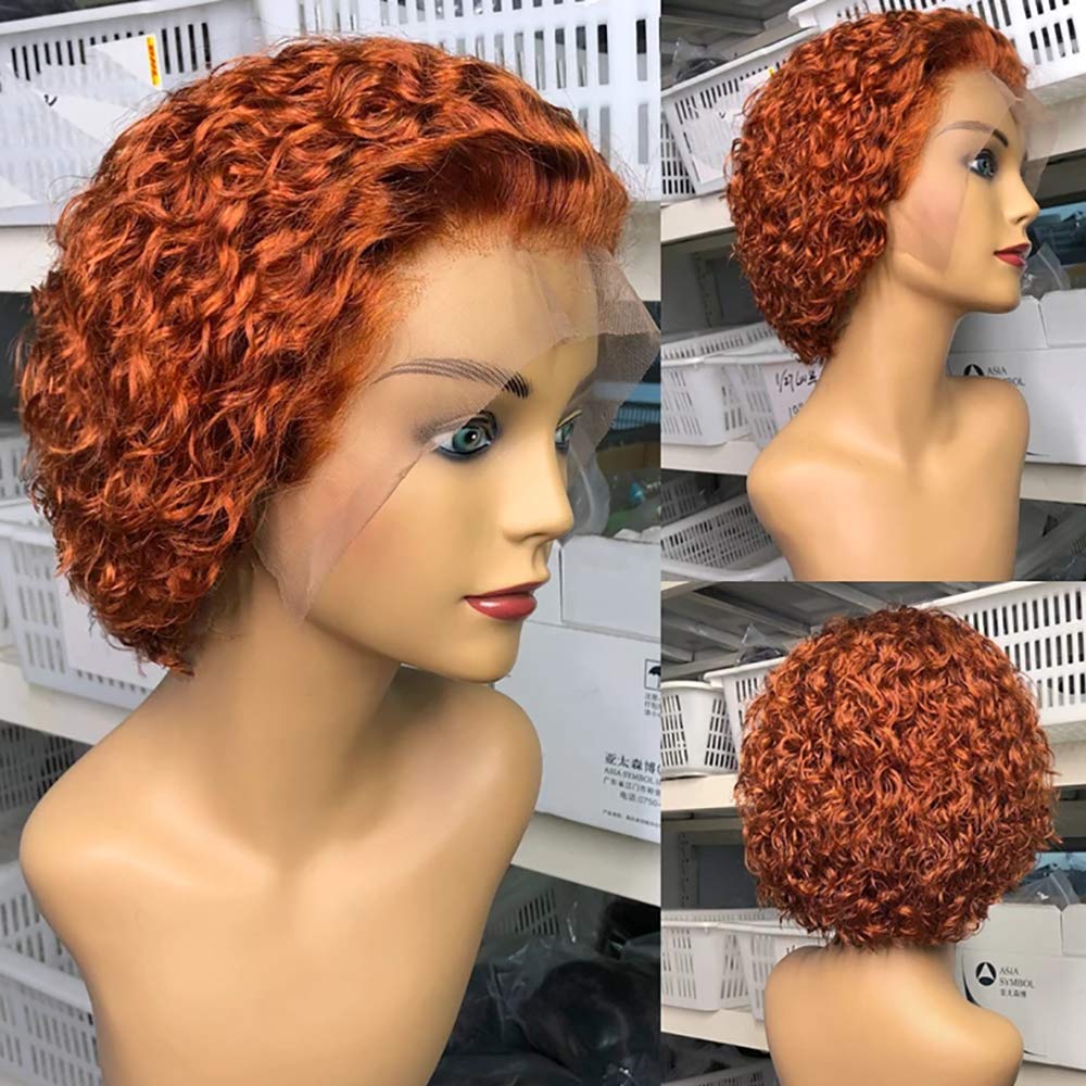 Derun Curly Bob Lace Front Wig Human Hair 13  6 T Part Lace Front Short Bob Wigs Ginger Orange Remy Hair For Women (8 Inch,Orang