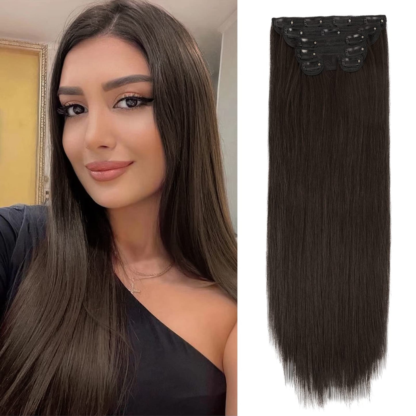 Wecan Clip In Hair Extension 22 Inch Dark Brown Natural Long Straight Hairpieces For Women 6Pcs Thick Synthetic Fiber Double Wef