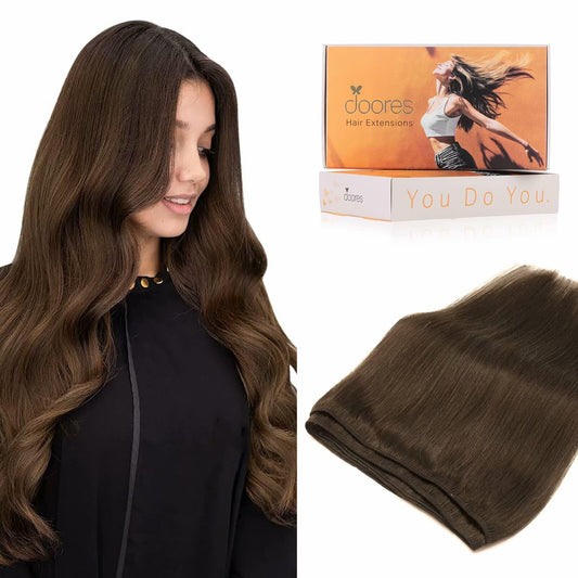 Doores Sew In Hair Extensions Real Human Hair, Chocolate Brown 18 Inch 100G, Weft Extensions Natural Long Straight