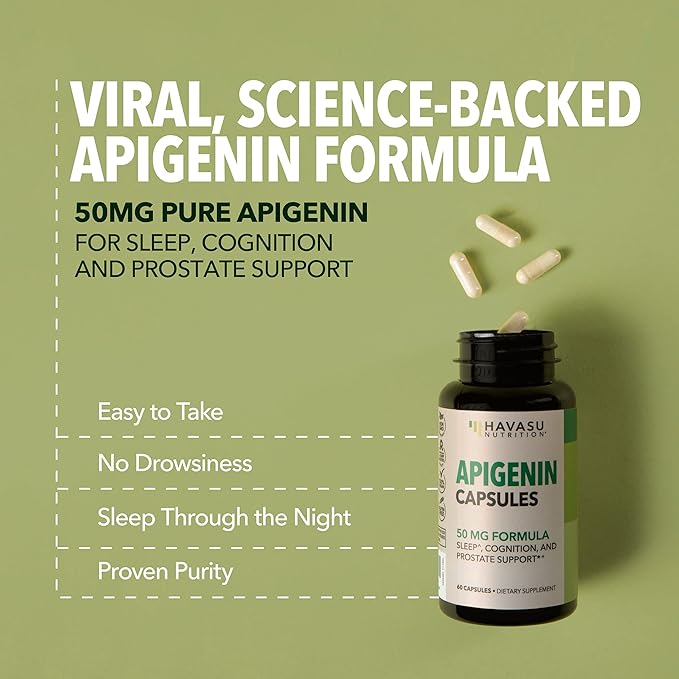 Apigenin Capsules 50mg - 60 Count, Vegan, Non-GMO, Sleep & Cognitive Support Supplement - Chamomile Flavonoid for Relaxation, Prostate Health, Melatonin-Free, Liposomal Formula for Enhanced Absorption