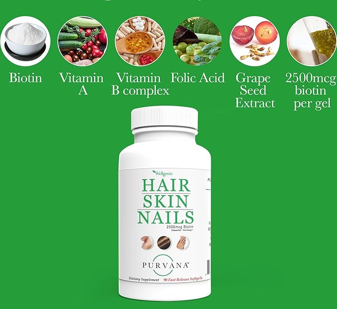 Wellgenix Purvana Hair, Skin, and Nails - One a Day Softgel - 2500mcg Biotin, DMAE, MSM, Horsetail, Grape Seed Extract - Anti Aging, PCOS & Postpartum Hair Growth, Strong Nails (90 Count)