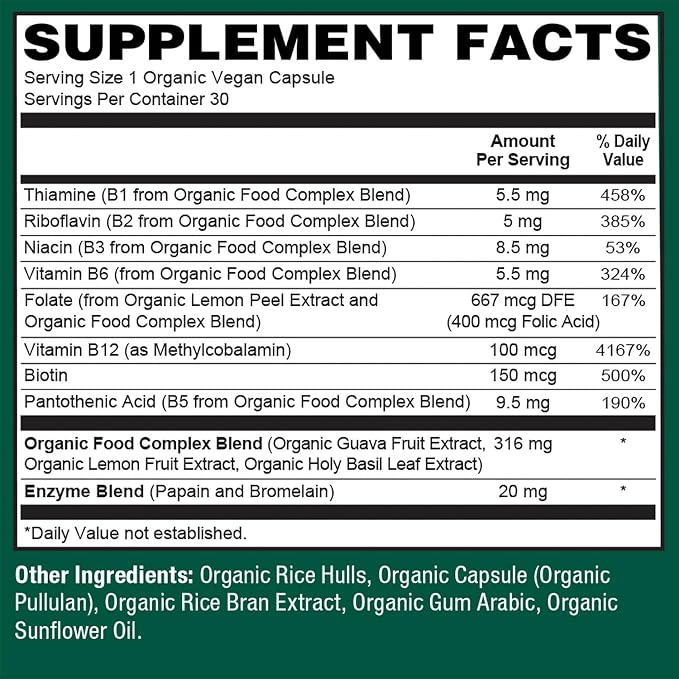 PlantFusion Organic Vitamin B-Complex, Vegan Whole Food Supplement for Energy & Metabolism, Methylated B12, Guava, Lemon & Basil, Non-GMO, Gluten-Free - 30 Capsules