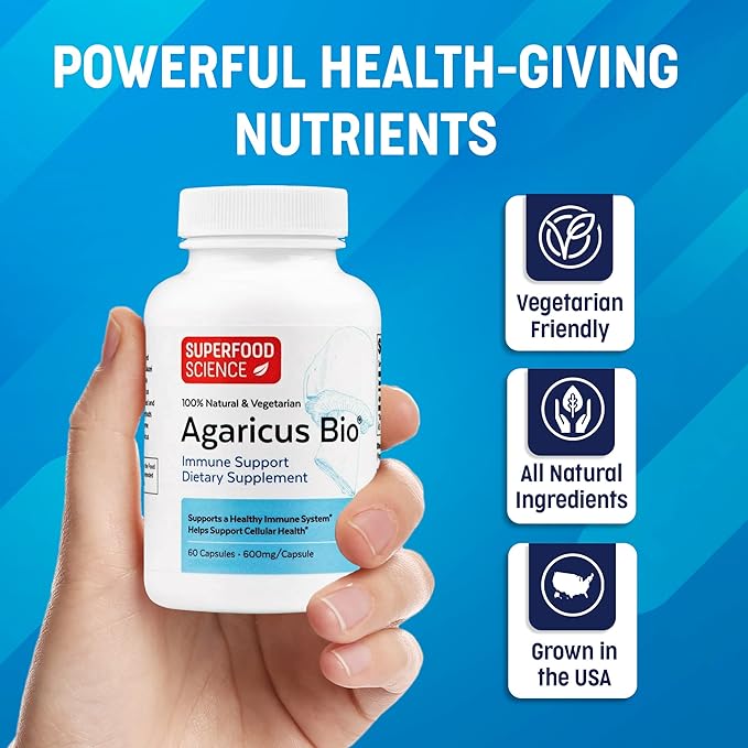 Agaricus Bio 600 mg Wellness Formula, Natural Killer Cell Activity -USA-Grown Organic Agaricus Blazei Murill Mushroom for Immune Support, Liver & Cellular Health, High Beta Glucan Supplements, 60 Caps