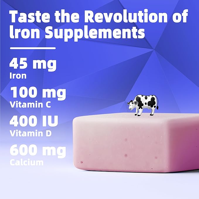 Iron Soft Chew Supplement with Vitamin C | Blueberry Flavored | Gluten Free | Iron Supplement for Women Men and Kids | 60 Count | 2 Month Supply