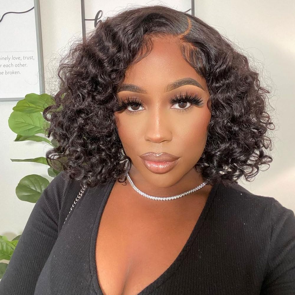 Golfmax Glueless Wigs Human Hair Pre Plucked Pre Cut Wear And Go Glueless Wig Curly Short Bob Wig Human Hair Wigs Deep Wave 4X4