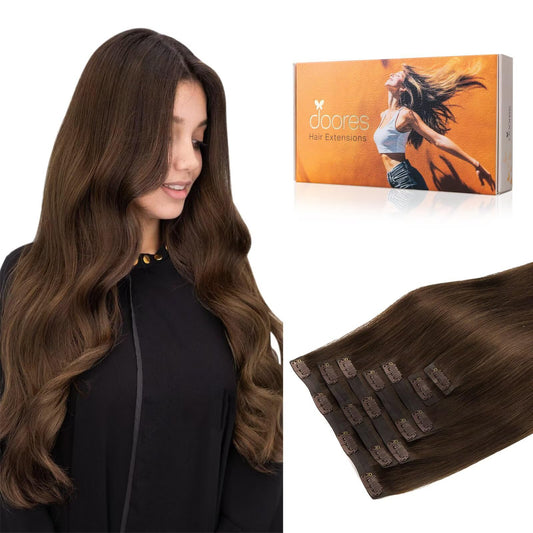 Doores Clip In Hair Extensions, Chocolate Brown 150G 7Pcs 20 Inch Real Virgin Human Hair