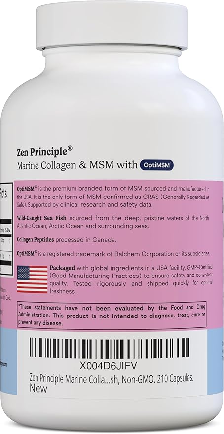 Zen Principle Marine Collagen Peptides Powder with OptiMSM® Supplement. Clinically Tested for Skin Support. Wild-Caught Fish, Non-GMO. 210 Capsules.