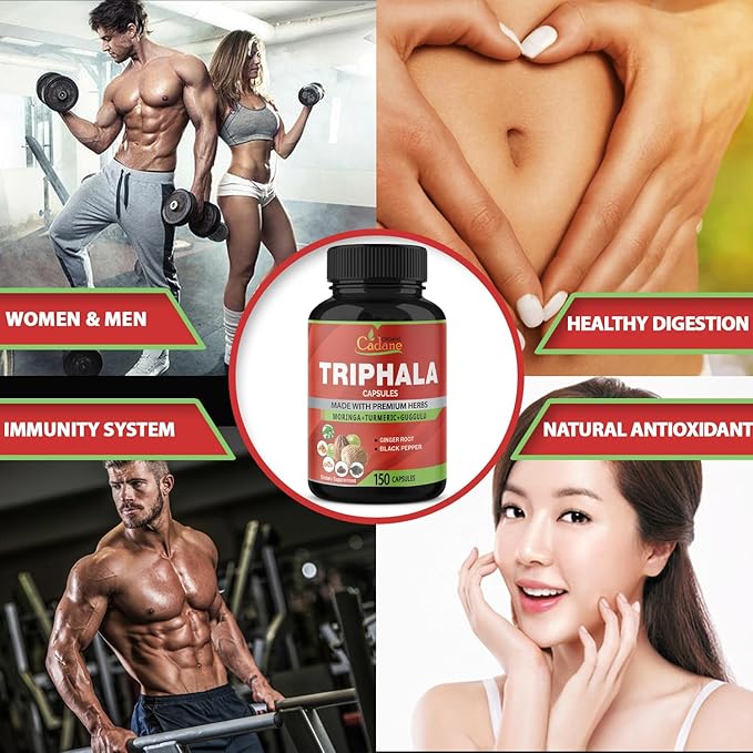 Organic Cadane Triphala Extract Capsules, 5 Months Supply with Turmeric, Guggulu, Ginger, Black Pepper, Moringa - Support Digestion Health & Immune System - 150Caps