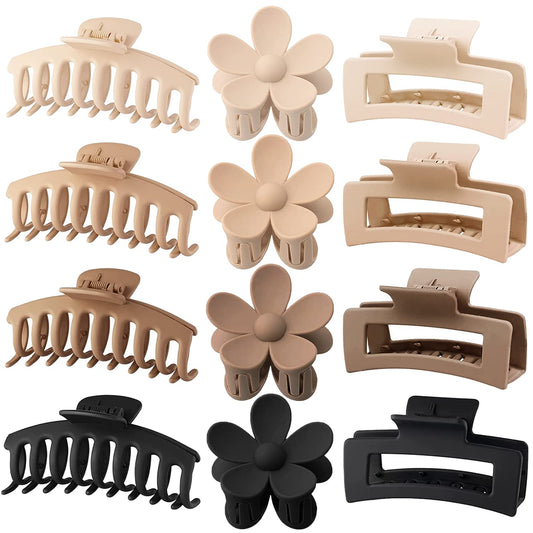 12 Pack Large Hair Claw Clips 4.3 Inch Rectangle Hair Claw Clips Flower Hair Clips For Women Thick Hair, Matte Hair Clip Banana