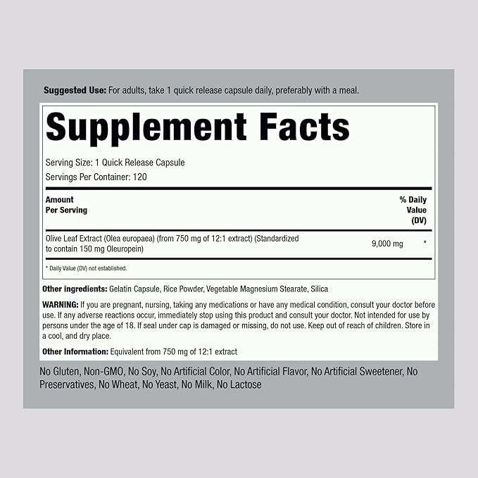 Piping Rock Olive Leaf Extract Capsules | 9000mg | 120 Pills | 150mg Oleuropein | Standardized Herbal Supplement | Non-GMO, Gluten Free