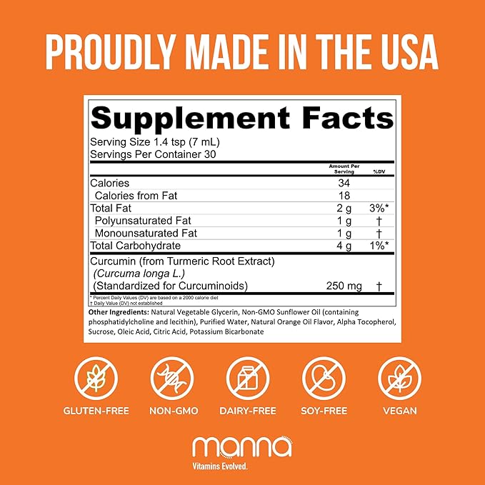 Manna Vitamins Evolved Liposomal Liquid Curcumin for Advanced Absorption Best Turmeric Supplement for Daily Joint & Immune Health Support - Vegan, Non-GMO, 95% Curcuminoids