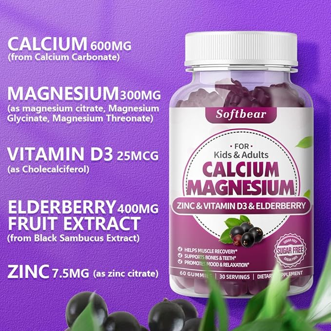 softbear Calcium Magnesium Zinc Gummies for Women, High Absorption Calcium Magnesium Supplement Chewable Calcium 600 mg for Bone Strength Vegan Elderberry Flavor 120 Gummies