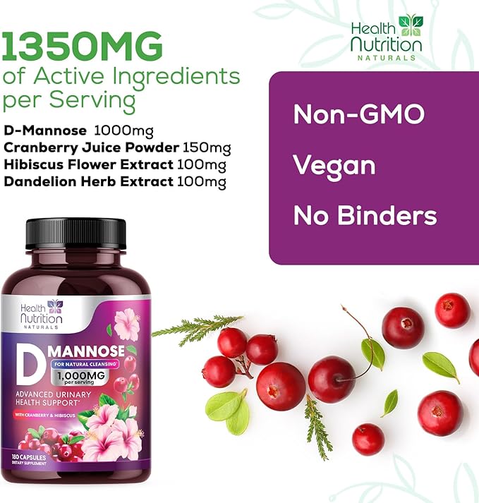 D-Mannose with Cranberry, Hibiscus & Dandelion 1350mg Advanced Formula – Urinary Tract Support Supplement for Women & Men – Flush & Cleanse Impurities – Non-GMO, Vegan for Women & Men – 180 Capsules