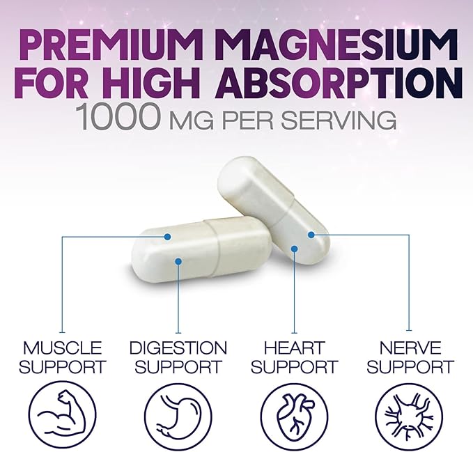 Magnesium Citrate Capsules 1000mg - Max Absorption Magnesium Powder for Muscle, Nerve, Bone and Heart Health Support, High Absorption Citrate Complex, Gluten Free, Non-GMO - 60 Capsules