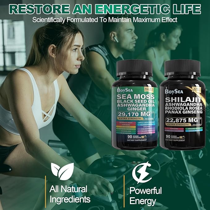 Boysea.Shilajit and Sea Moss Bundle- 90 Count - Sea Moss 7000mg, Black Seed Oil 4000mg, Ashwagandha 2000mg, Ginger & Shilajit 9000mg, Rhodiola Rosea 1000mg, All in 1 Supplements (1 Pack)