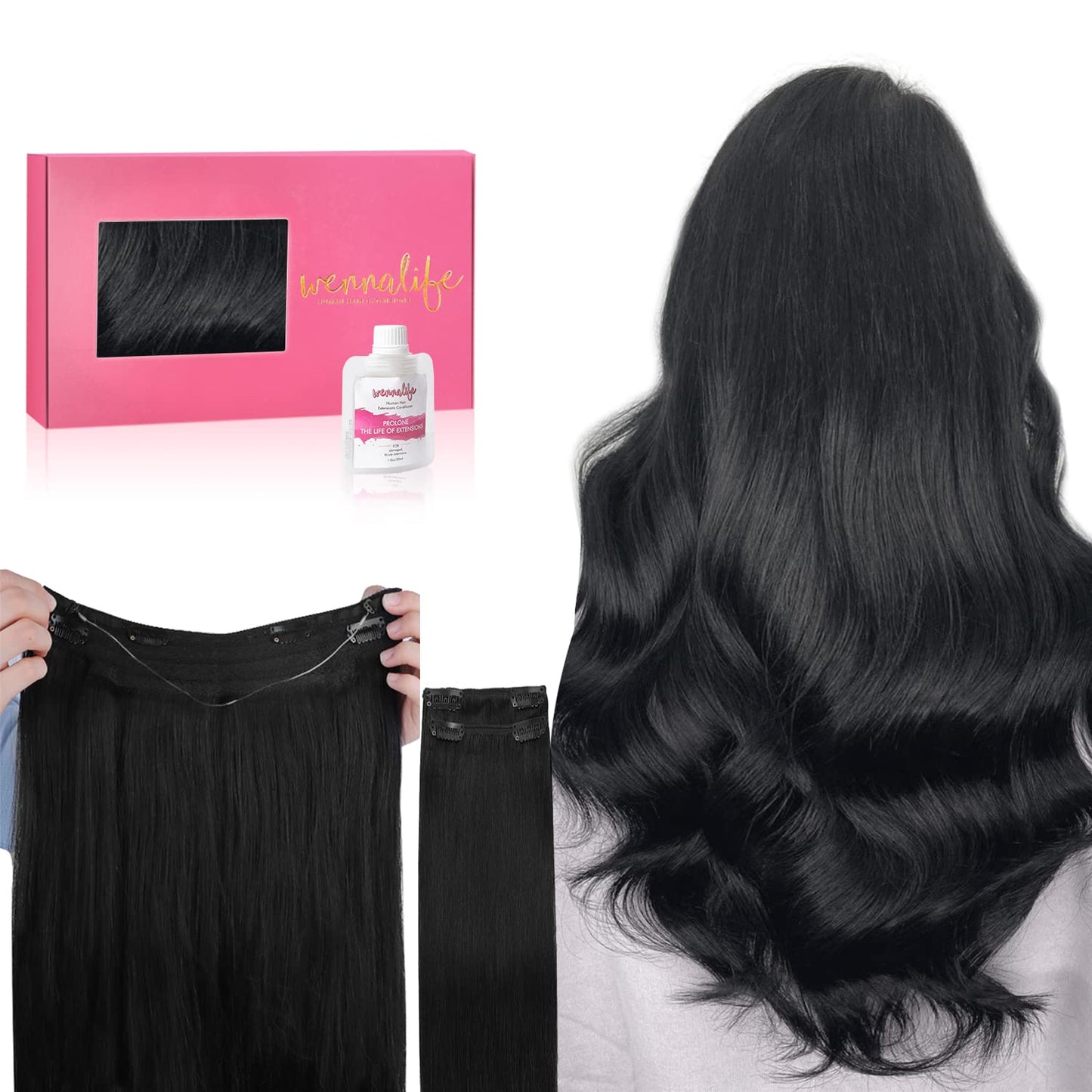 Wennalife Wire Hair Extensions (Increase 50% Lifespan) Real Human Hair 16 Inch 125G Jet Black Remy Real Hair Extensions Invisibl