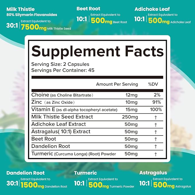 Milk Thistle Supplement - Liver Detox Cleanse Formula Herbal Liver Support with Milk Thistle, Dandelion Root, Artichoke, Turmeric, Astragalus for Liver Health, 90 Capsules-61