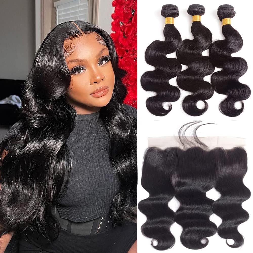 Human Hair Body Wave 3 Bundles With 13X4 Lace Frontal (24 26 28+22) Double Weft 10A Brazilian Hair Bundles Brazilian Virgin Huma