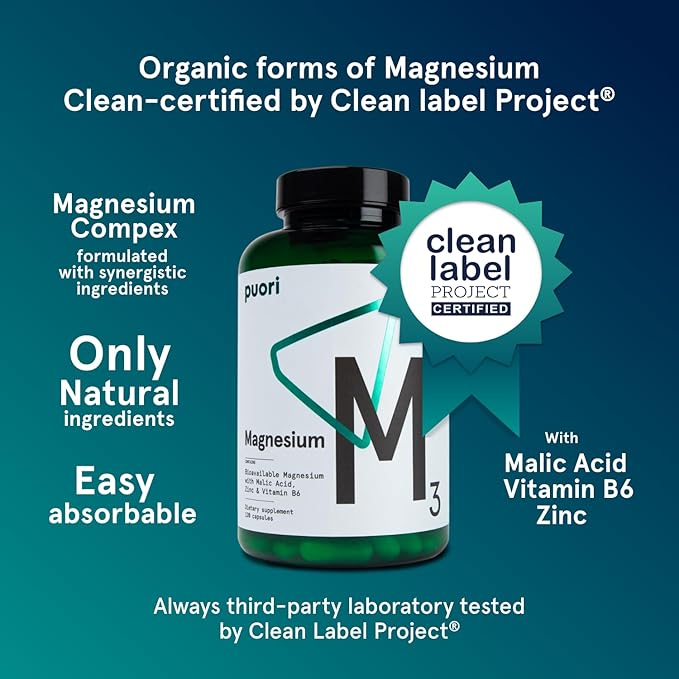 Puori Organic Magnesium Zinc Supplement - 300mg - 240 Vegan Capsules - High Absorption M3 Complex for Sleep, Immune Support, Energy, Muscle Recovery, Relaxation & Leg Cramps - Zinc & Vitamin B6