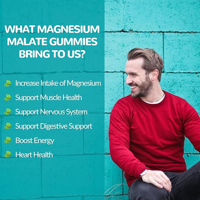 Magnesium Malate Gummies 1000mg, Enhanced Absorption Magnesium Chewables Supplement with Malic Acid for Energy Boost & Muscle Health, 60 Count