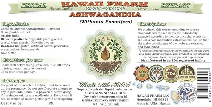 Ashwagandha Alcohol-Free Liquid Extract, Organic Ashwagandha (Withania Somnifera) Dried Root Glycerite Hawaii Pharm Natural Herbal Supplement 2x2 oz