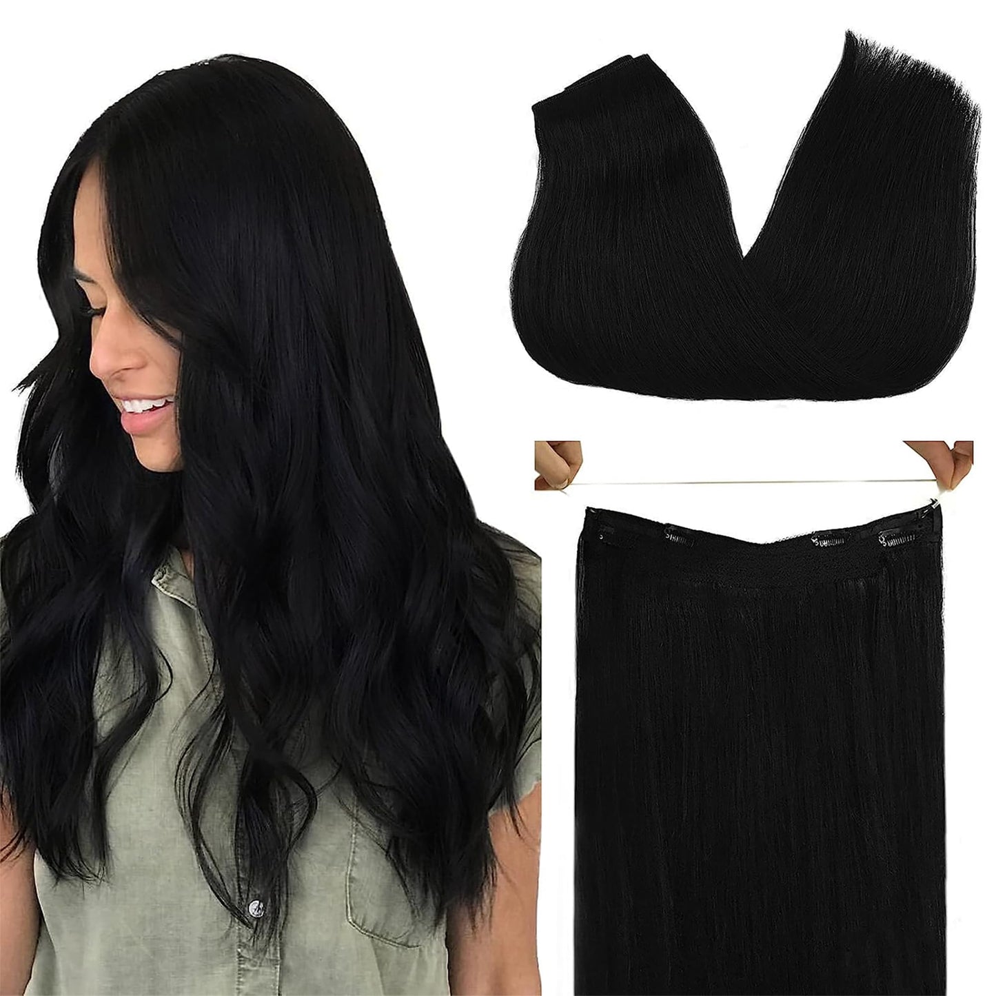 Goo Goo Wire Hair Extensions Human Hair, 1 Jet Black Natural 16Inch 95G, Invisible Wire Hair Extensions With Transparent, Seamle