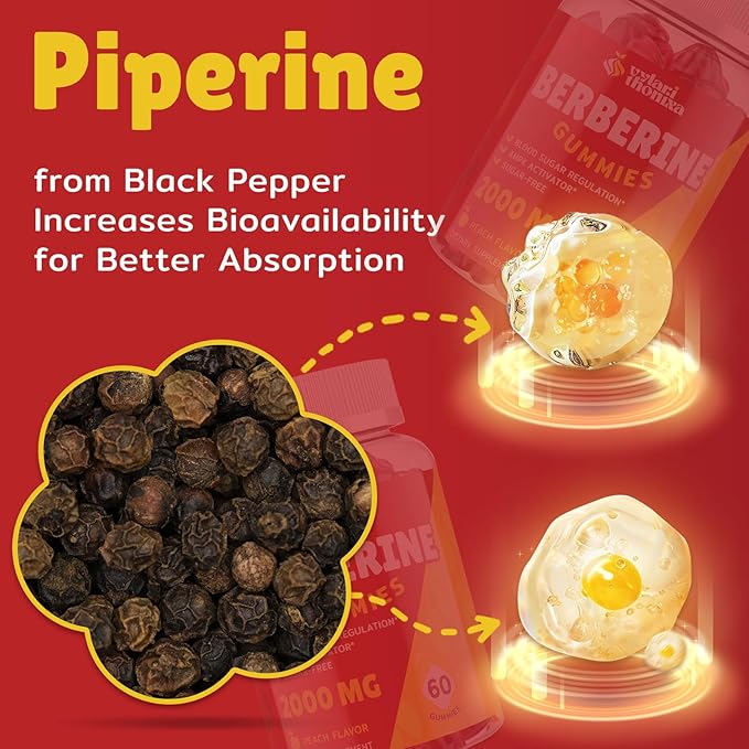 2000mg Berberine Supplement Gummies - High Potency Berberine with Ceylon Cinnamon Candy, Turmeric, Magnesium, Chromium - Sugar Free, Vegan, Non-GMO, Gluten-Free - Peach Flavor 60 Gummies - 2 Pack