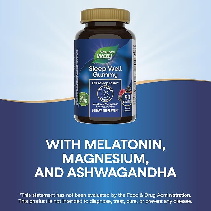 Nature’s Way Sleep Well Gummies, Sleep Support for Adults*, with Melatonin, Ashwagandha and Magnesium, Berry Flavored, 90 Gummies