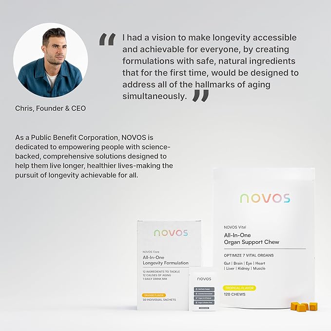NOVOS Core Longevity Mix, Anti-Aging Supplement, Drink Powder Packet Orange Flavor - Skin Support, Energy, Mood Support, Sleep and Cognition Support - 30 Servings