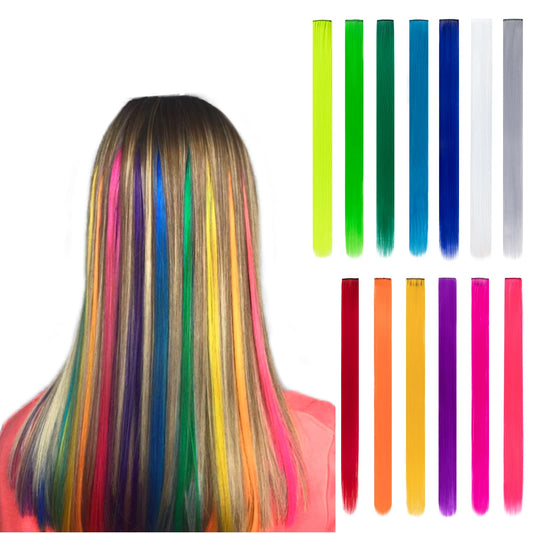 13 Pcs Colored Hair Extensions 20 Inch Colorful Party Highlights Multi-Colors Clip In Synthetic Straight Rainbow Hairpieces For