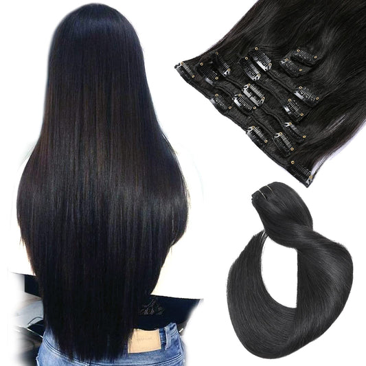 Ubetta Hair Extensions Clip In Human Hair, Natural Black Hair Extensions Real Human Hair Clip Ins #1B 20 Inch 70G 7 Pieces Strai
