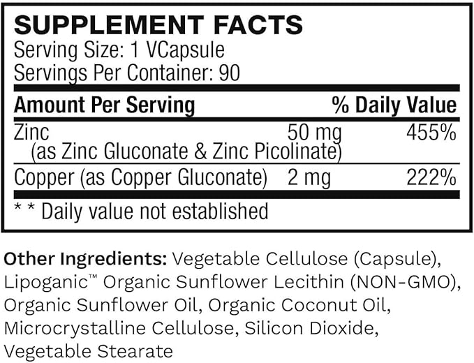 Liposomal Zinc Supplement with Copper | Pure Zinc Citrate Vitamins for Adults for Immune Support, 50mg, 90 Count (Pack of 1)