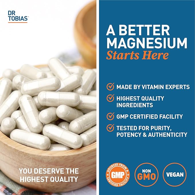 Dr. Tobias Magnesium Bisglycinate, High Absorption Magnesium Buffered Chelate Complex, 200 mg per Capsule, Supports Energy, Muscle, Bone & Joint Health, Non-GMO Magnesium Supplement, 120 Capsules