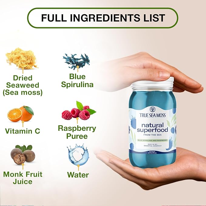 TrueSeaMoss Sea Moss Gel – Made in USA – Wildcrafted Seamoss, Fresh Fruits & Sea Vegetables – Blue Spirulina, Pack of 2 (Labels may Vary)