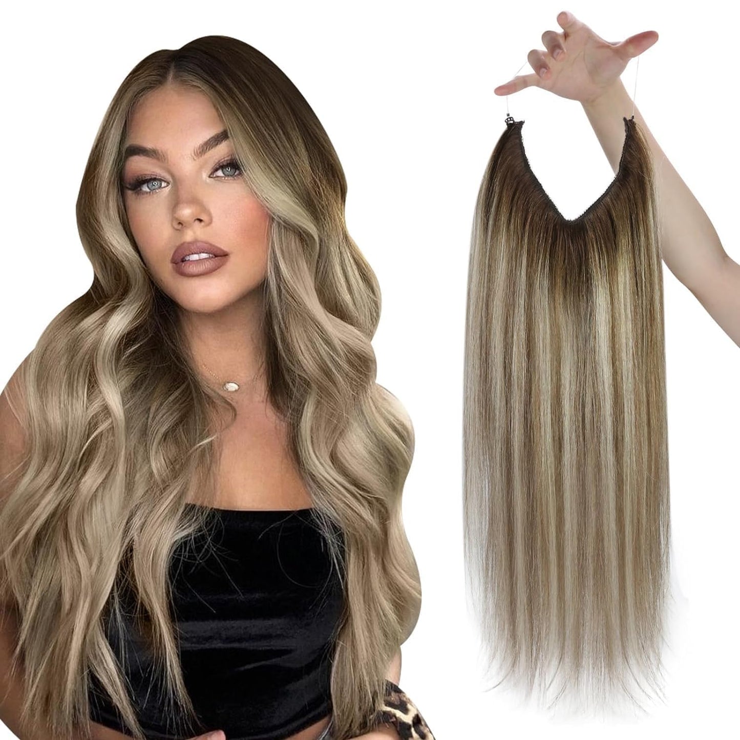 Sunny Hair Wire Extensions 24Inch Ombre Wire Hair Extensions Long Hair Piece Balayage Dark Brown Ombre Light Brown Blonde Invisi