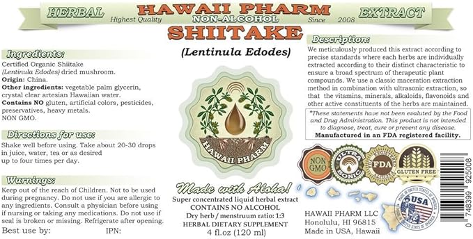 Shiitake Alcohol-Free Liquid Extract, Organic Shiitake (Lentinula Edodes) Dried Mushroom Glycerite Natural Herbal Supplement, Hawaii Pharm, USA 2x32 fl.oz