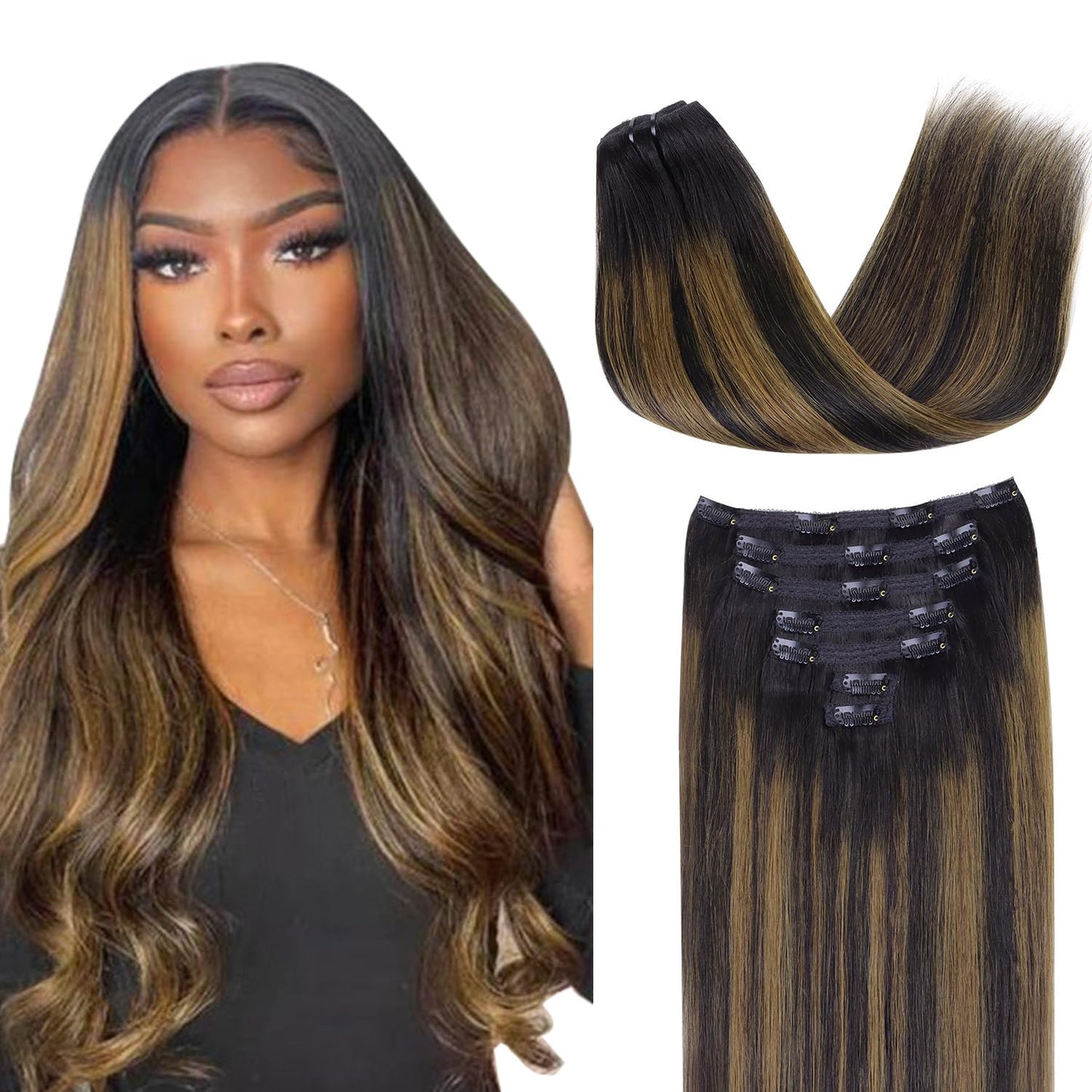 Lashey Human Hair Extensions Natural Black Mixed Chestnut Brown Clip In Hair Extesnions Straight 120G 7Pcs Human Hair Clip Ins 1