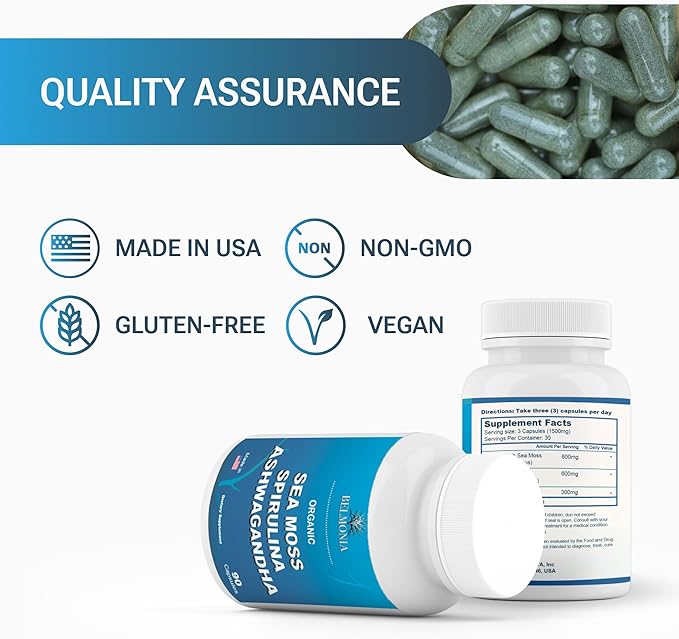 Sea Moss Capsules with Spirulina and Ashwagandha Capsules, 100% Organic Irish Moss, Strength & Endurance- High Potency Sea Moss Supplement, 90 Count Made in USA, Superfood Supplements