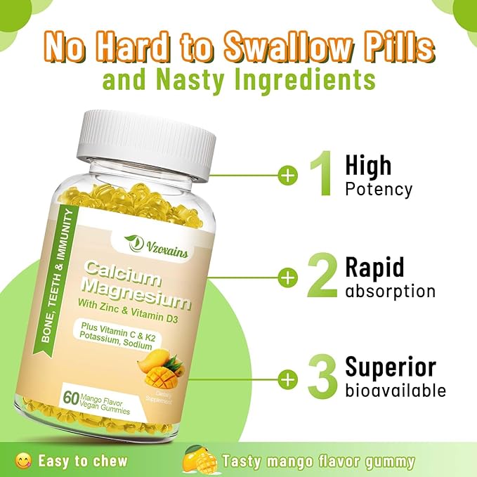 High Absorption Calcium Gummies, Calcium Magnesium Zinc with Magnesium Glycinate, Potassium, Vitamin D3 for Women & Men- Mango Flavor 60 Cts