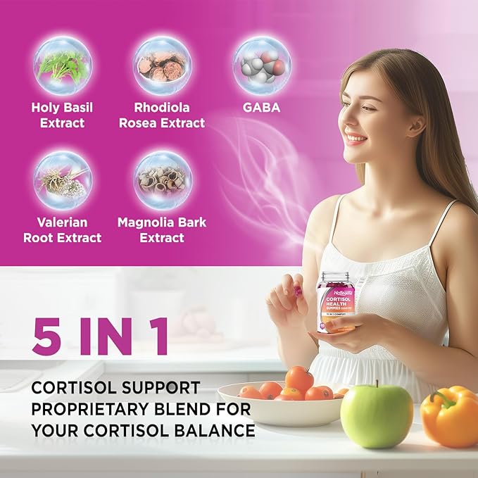 Cortisol Supplements for Women Men, Cortisol Gummies with Ashwagandha, Magnesium, L-Theanine, Phosphatidylserine, B6 for Cortisol Detox, Relaxation, Sleep, Focus, Sugar-Free, Vegan, 60