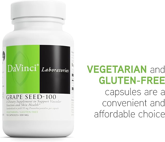 DAVINCI Labs Grape Seed-100 - Dietary Supplement to Support Immune System, Vascular Function and Healthy Skin* - with 100 mg Grape Seed Extract per Serving - Gluten-Free - 90 Vegetarian Capsules