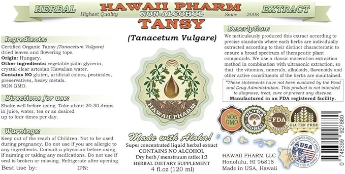 Tansy Alcohol-Free Liquid Extract, Organic Tansy (Tanacetum Vulgare) Dried Leaf and Flowering Tops Glycerite Natural Herbal Supplement, Hawaii Pharm, USA 2 fl.oz