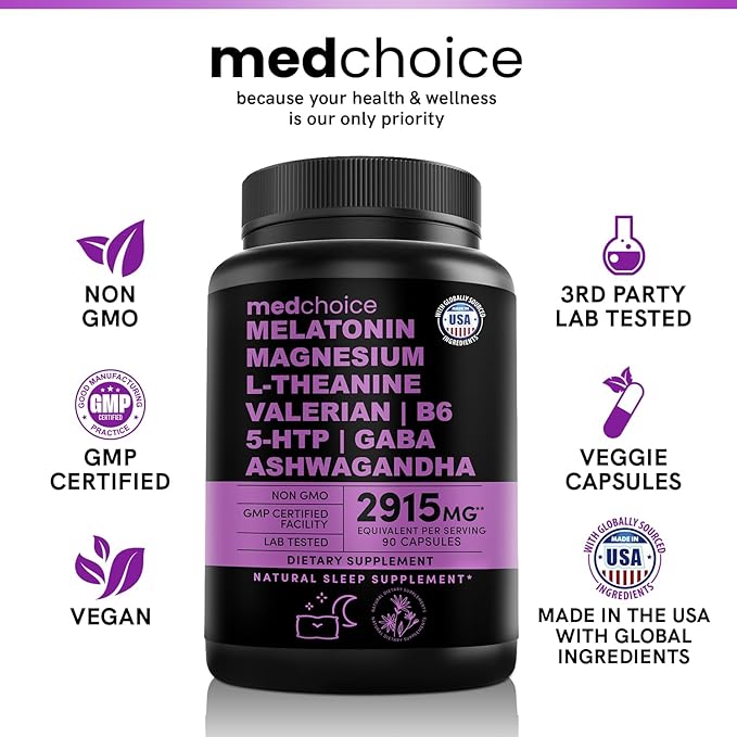 12-in-1 Melatonin Sleep Capsules - Natural Sleep Aids for Adults with Melatonin 5mg and Magnesium Glycinate 500mg, Sleep Aid with Ashwagandha, L Theanine, Valerian Root, GABA, 5-HTP (90ct, Pack of 4)