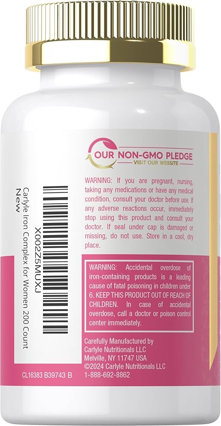 Carlyle Iron Supplement for Women | 45mg | 200 Slow Release Tablets | Vegetarian, Non-GMO, Gluten Free Pills | for Her