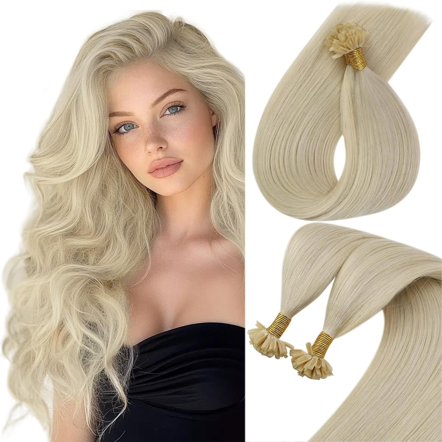 Sunny U Tips Hair Extensions Human Hair 16Inch U Tips Hair Extensions Platinum Blonde Pre Bonded U Tips Extensions Blonde Kerati